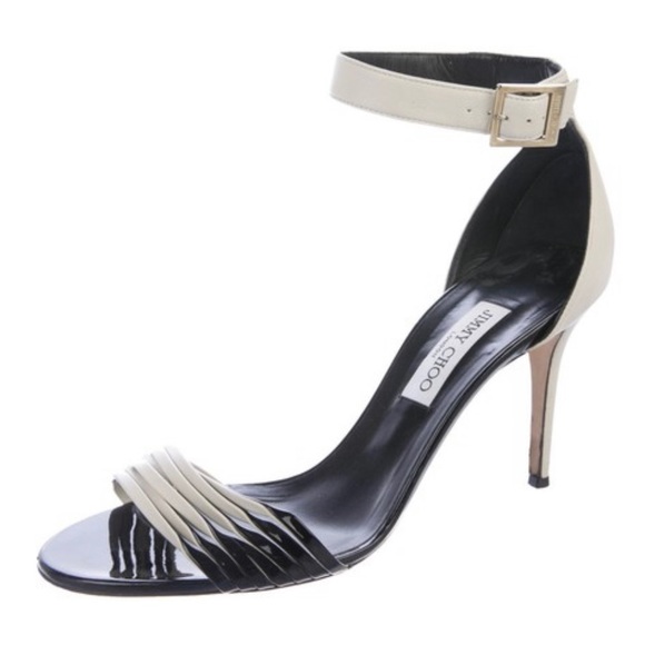 Jimmy Choo Shoes - Jimmy Choo Livvi Black Ivory Nappa Patent Leather Buckle Open Toe Heels 39.5 9.5